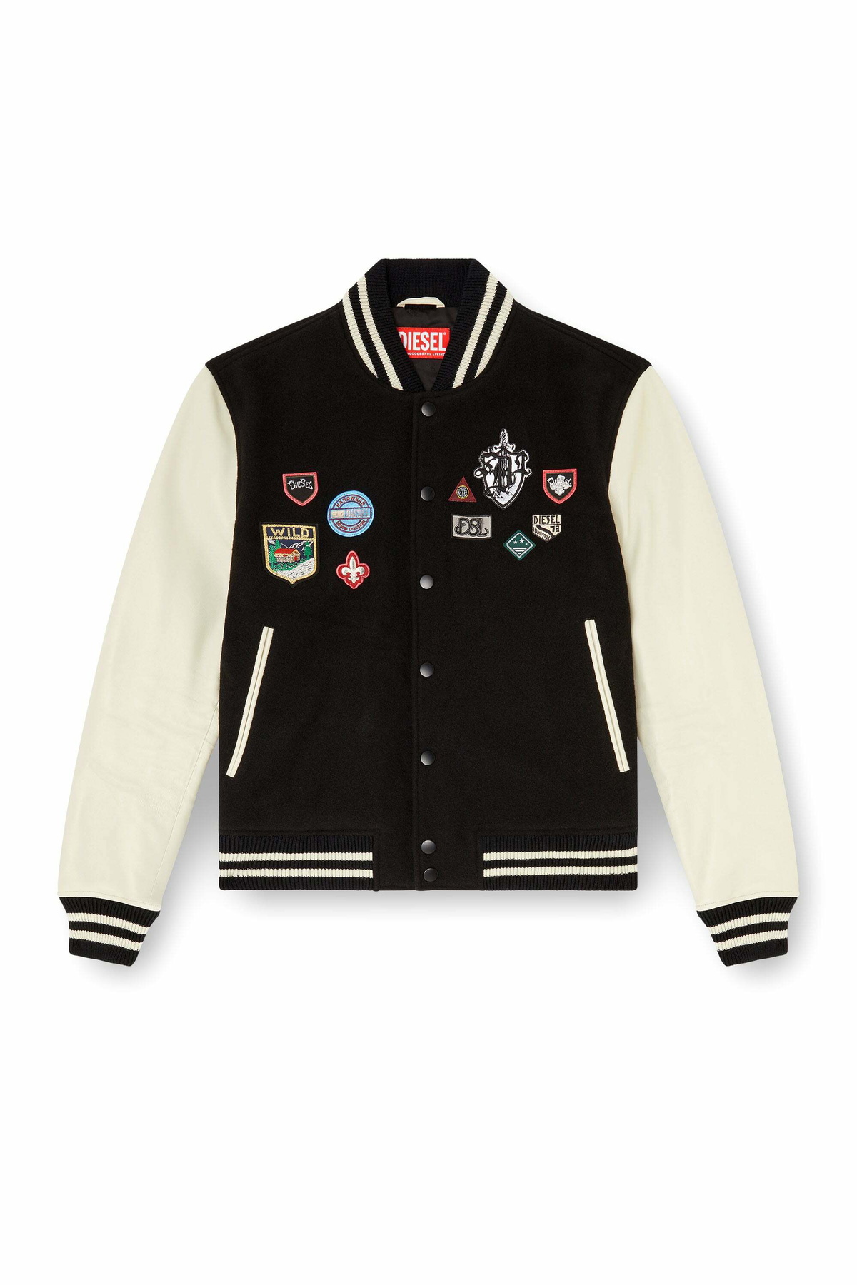 Diesel Wool and leather bomber jacket with patches - Leather jackets Mens in Multicolor