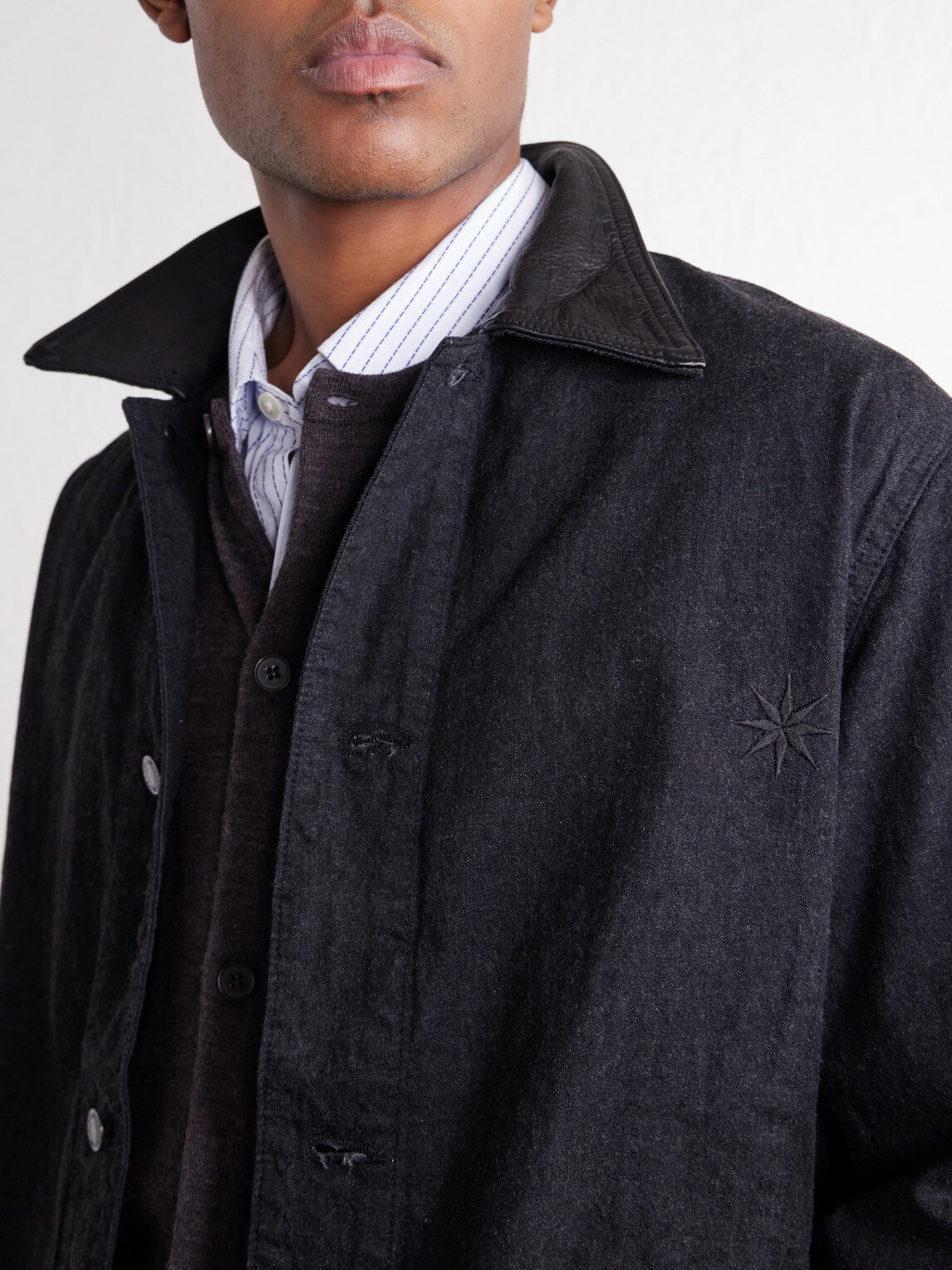 FULLCOUNT - Leather-Trimmed Denim Jacket - Black
