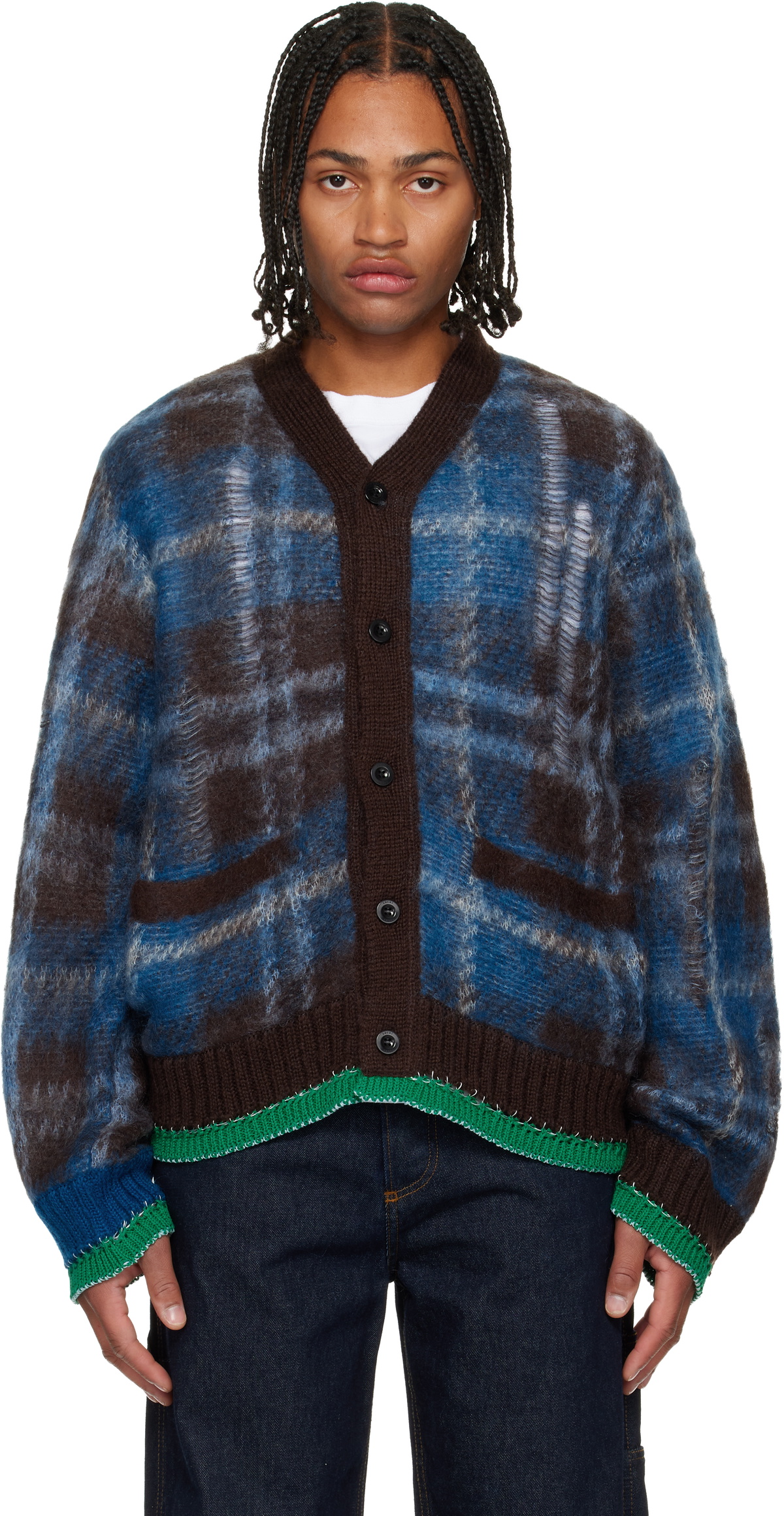 sacai: Blue & Brown Plaid Mohair Knit Cardigan | SSENSE
