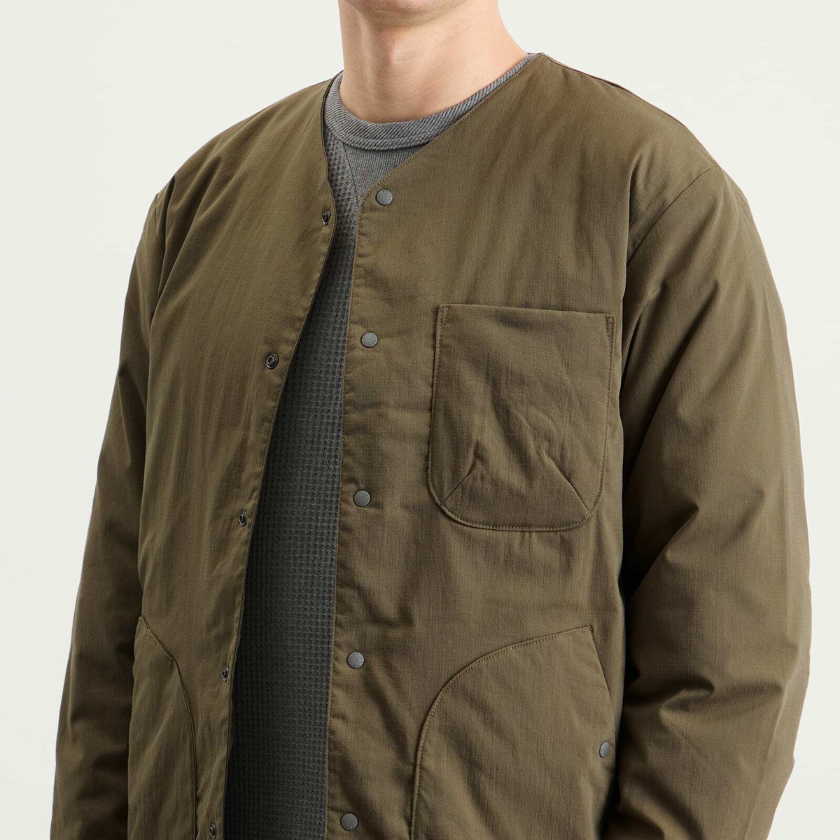 NANGA Men's Hinoc Ripstop Inner Down Cardigan in Army Green