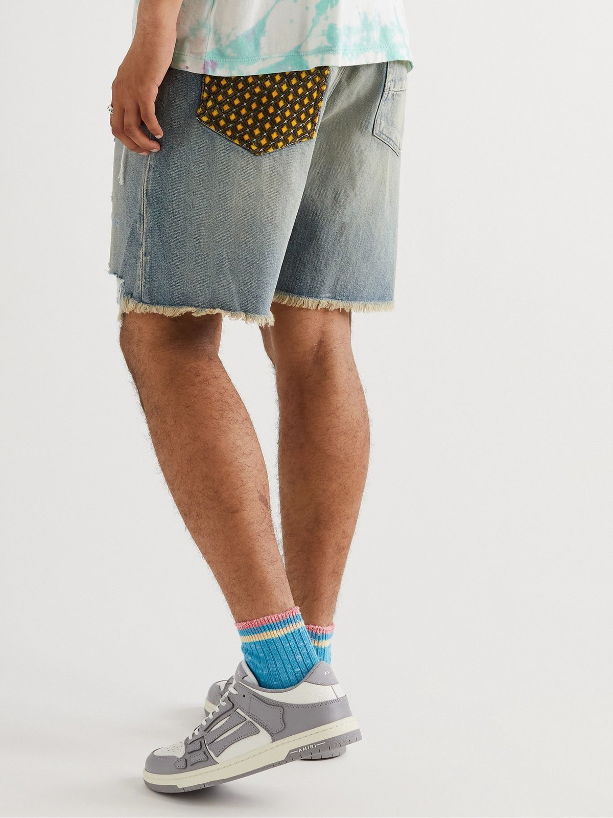 AMIRI - PJ Art Patch Distressed Velour-Trimmed Washed-Denim