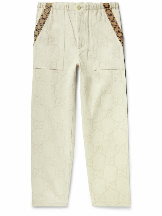Photo: GUCCI - Webbing-Trimmed Logo-Jacquard Cotton-Blend Canvas Trousers - Neutrals