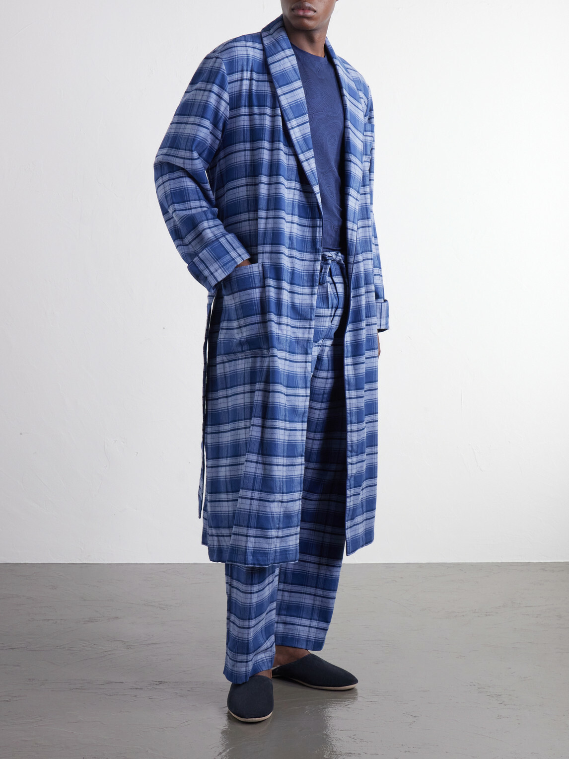 Derek Rose - Kelburn Belted Checked Brushed Cotton-Flannel Robe - Blue