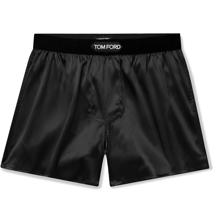 Photo: TOM FORD - Velvet-Trimmed Stretch-Silk Satin Boxer Shorts - Black