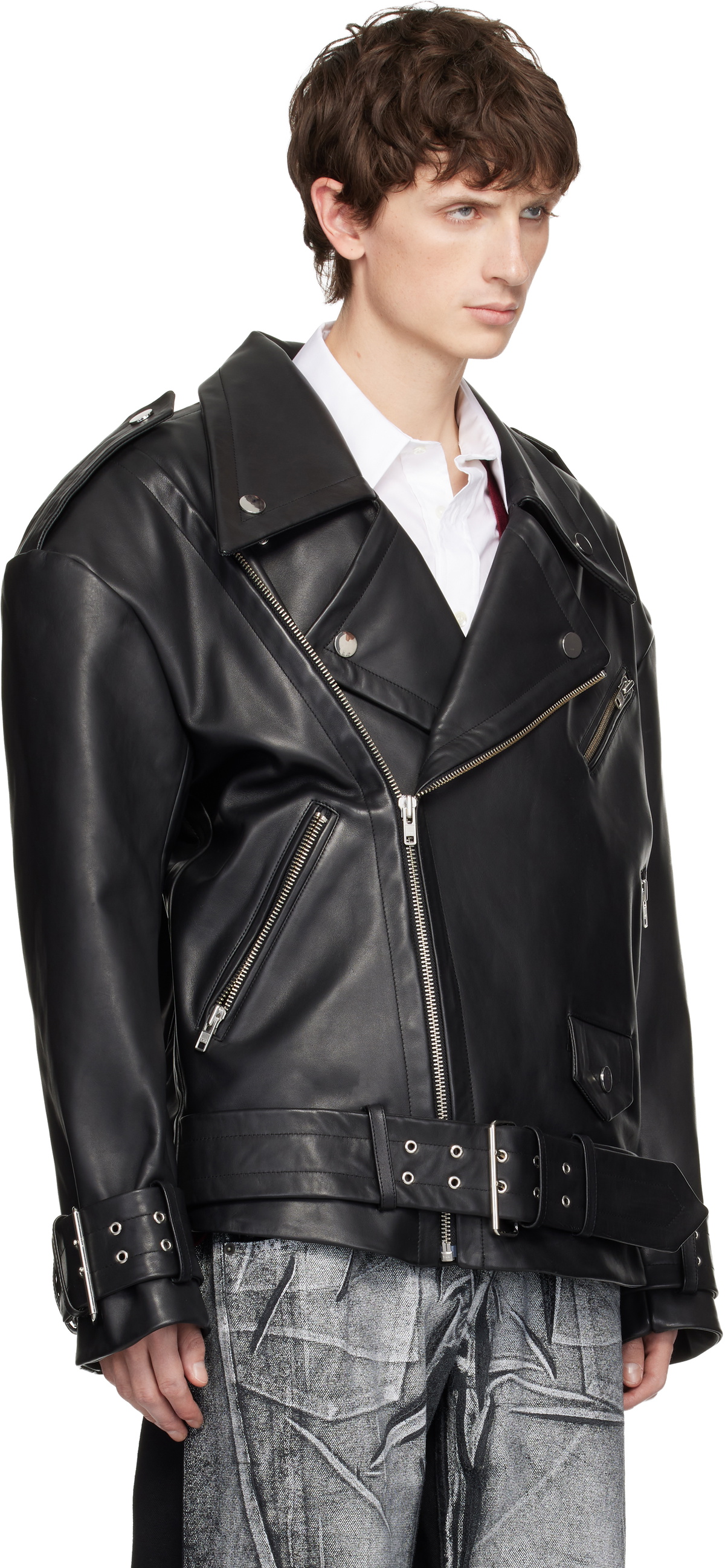 VAQUERA Black Oversized Moto Leather Jacket