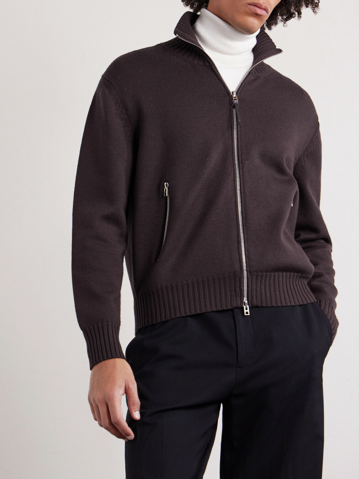 TOM FORD - Leather-Trimmed Merino Wool Cardigan - Brown
