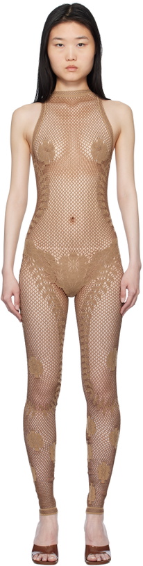 Photo: Poster Girl Beige Fetch Halterneck Fishnet Jumpsuit