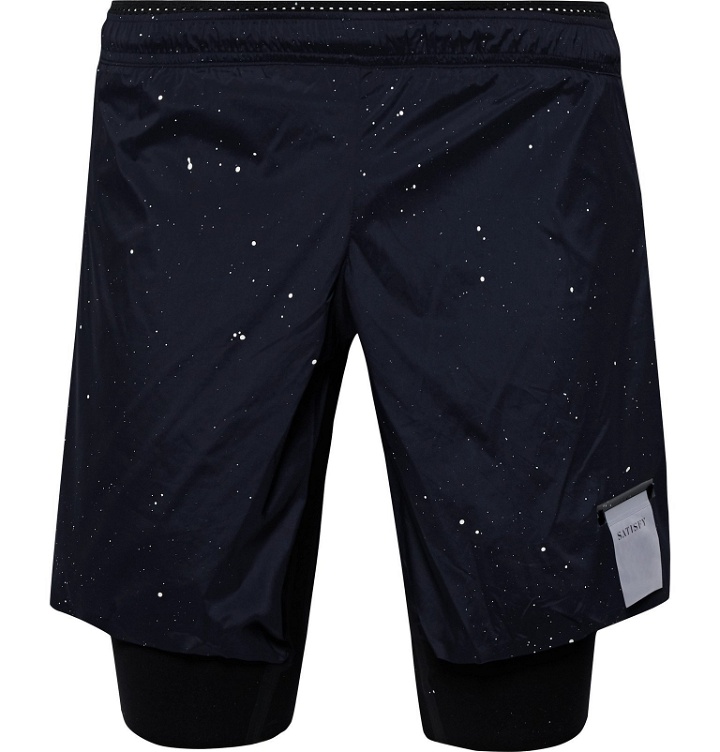 Photo: Satisfy - Trail Long Distance Layered Printed Stretch-Shell and Justice Shorts - Blue