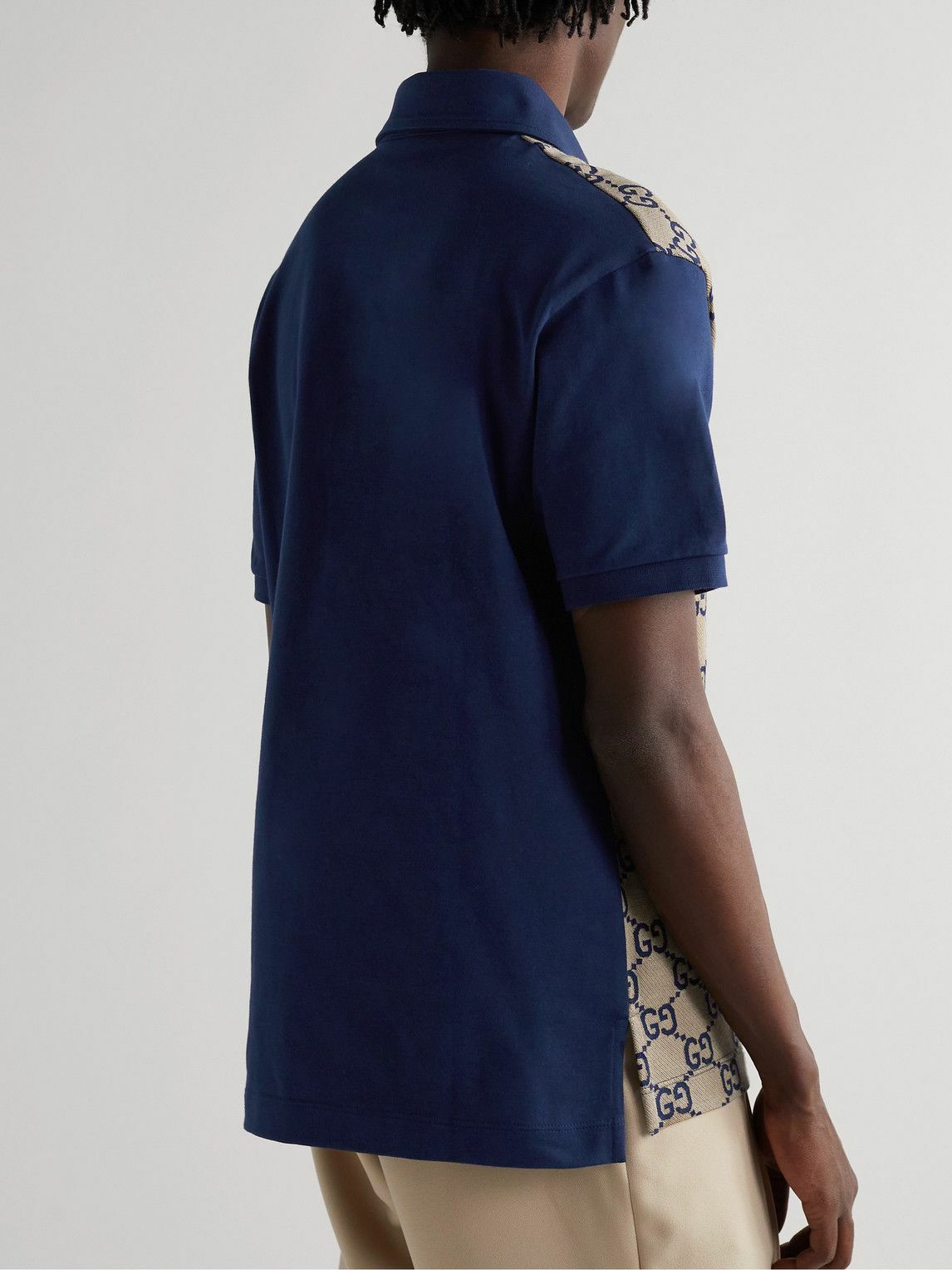 Gucci - Men - Panelled Cotton-jersey and logo-jacquard Silk-Blend Polo Shirt Blue - S