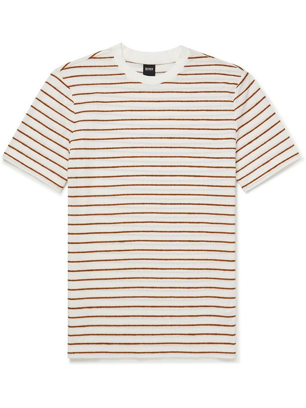 Photo: Hugo Boss - Striped Cotton and Linen-Blend Jersey T-Shirt - White