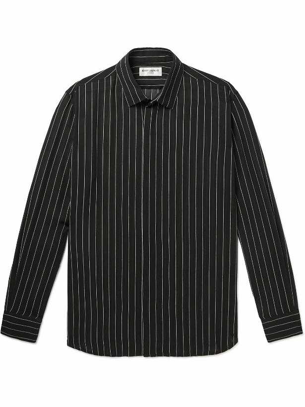 Photo: SAINT LAURENT - Pinstriped Silk-Georgette Shirt - Black
