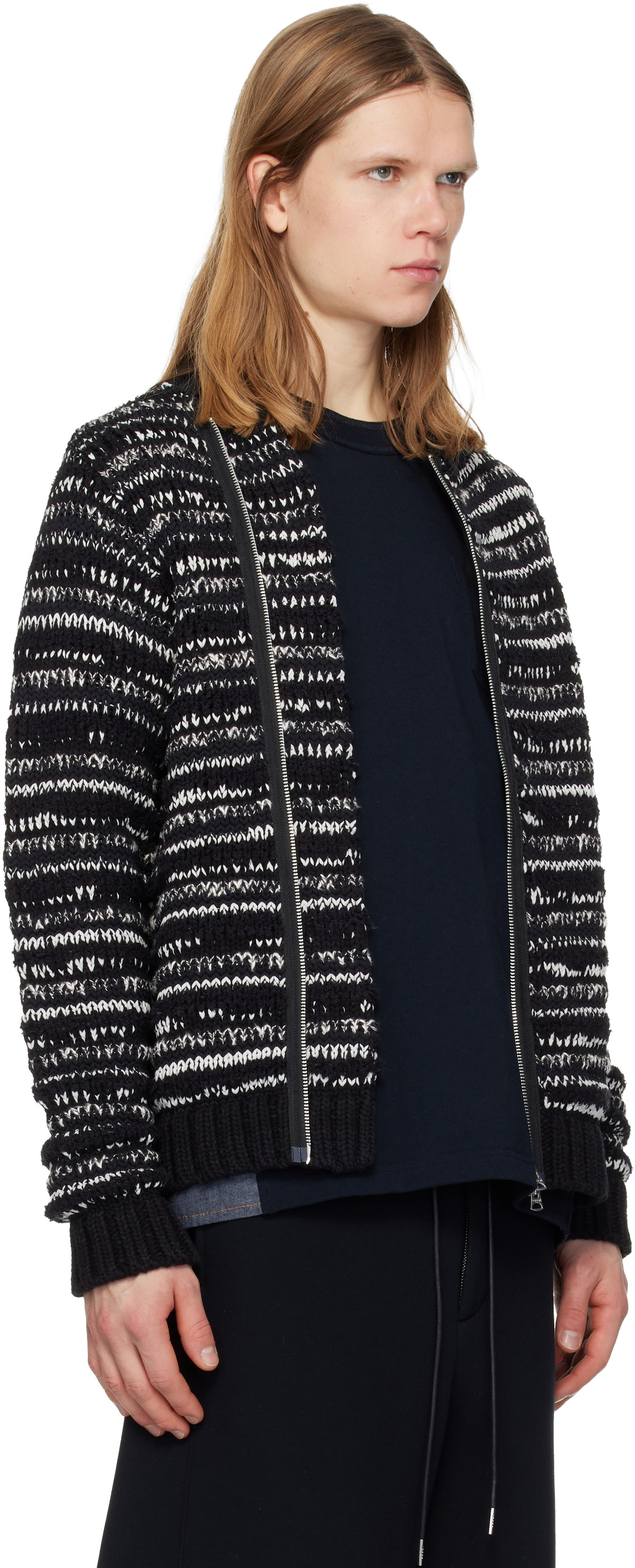 sacai Black & White Mix Knit Blouson Cardigan