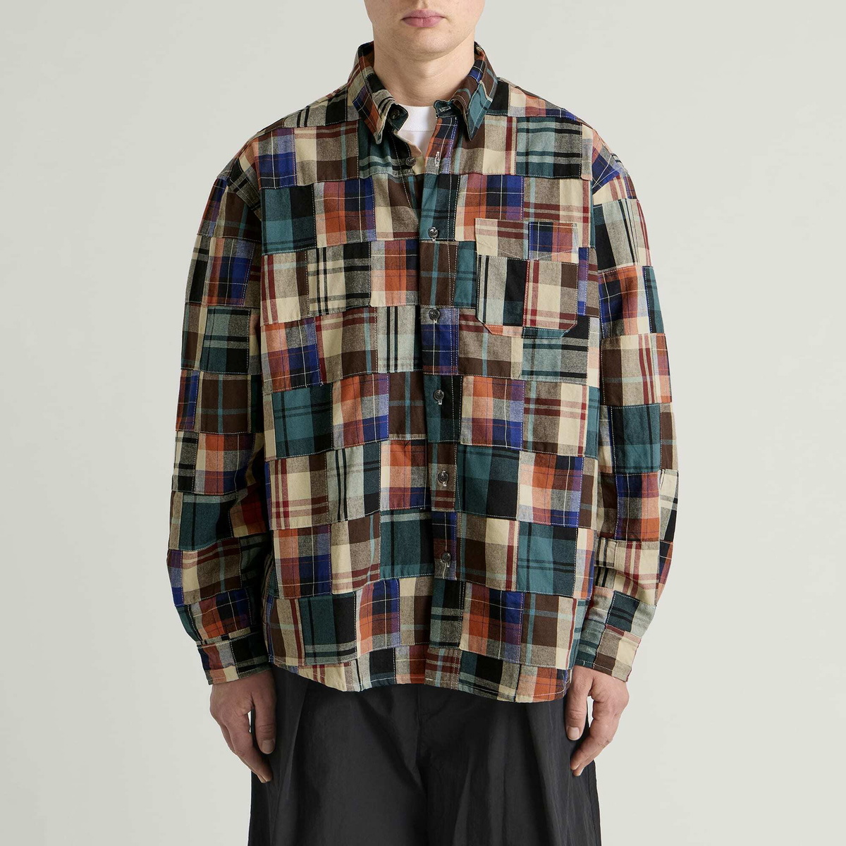 FrizmWORKS Men's Madras Patchwork Relaxed Shirt in Beige