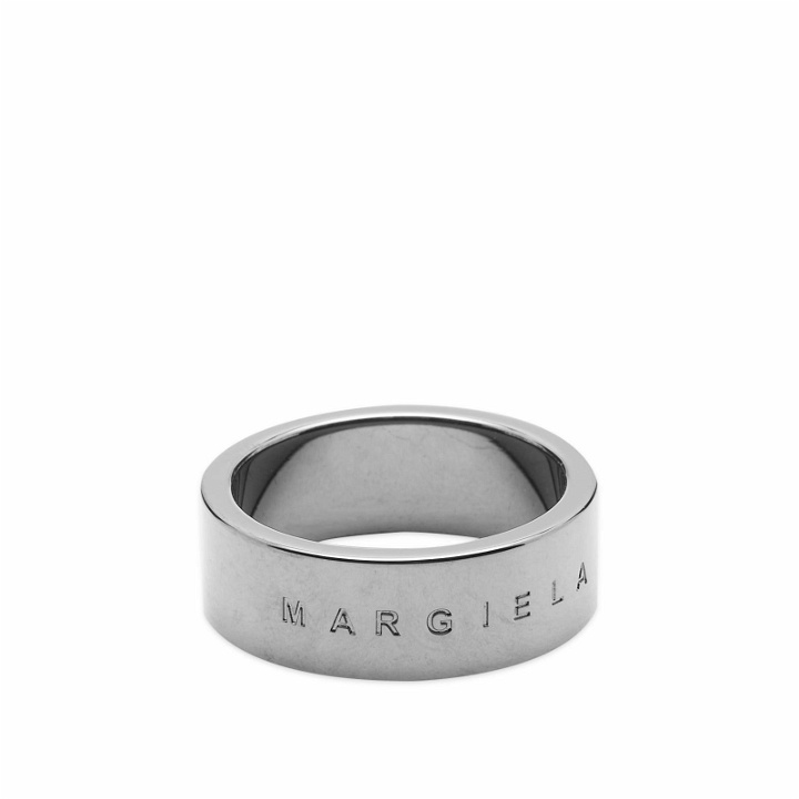 Photo: Maison Margiela Men's Text Logo Ring in Brushed Ruthenium