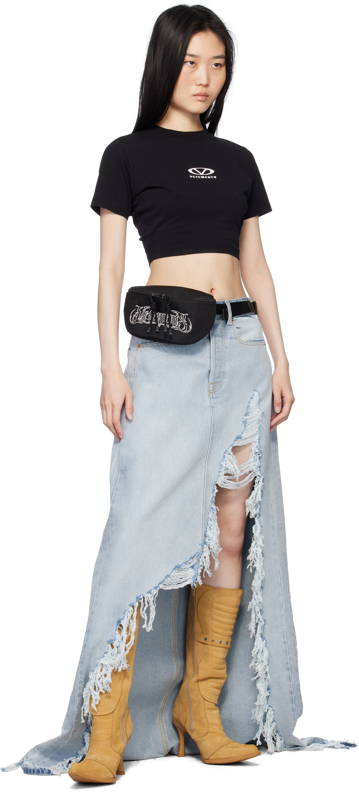 VETEMENTS Blue Destroyed Denim Maxi Skirt
