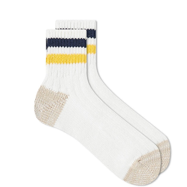 Photo: RoToTo Old School Ribbed Ankle Sock in White/Navy/Yellow
