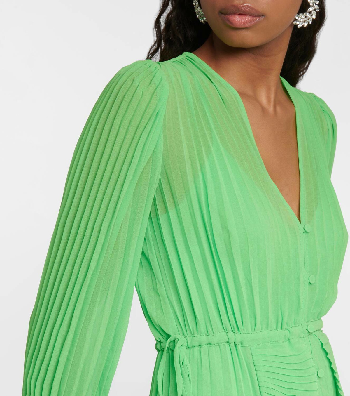 self portrait green pleated dress Green Metallic Tie Neck Maxi Dress – self-portrait-US main image 0