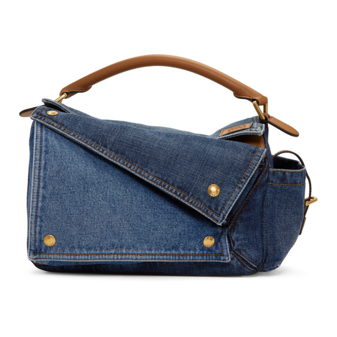 Loewe Tan and Blue Medium Denim Puzzle Pockets Bag