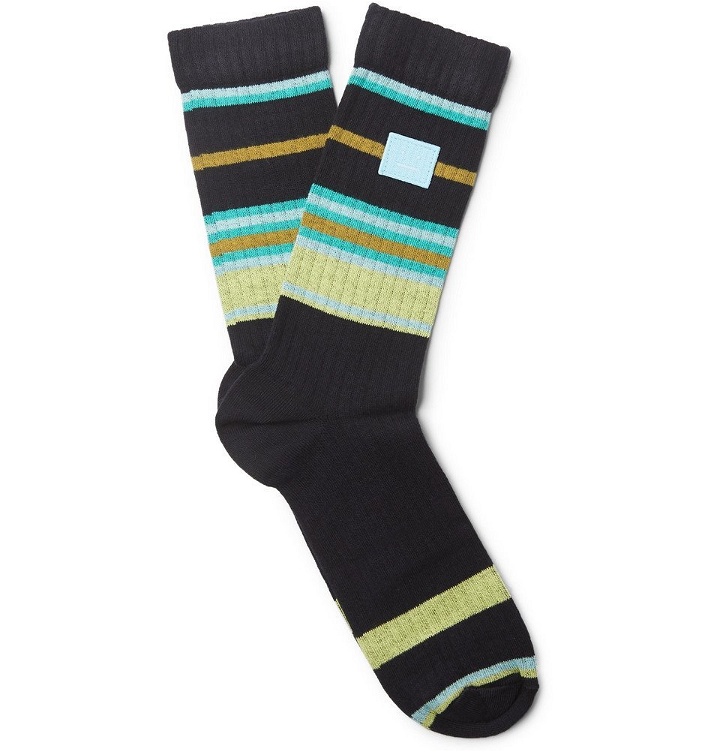 Photo: Acne Studios - Ribbed Striped Stretch Cotton-Blend Socks - Men - Navy