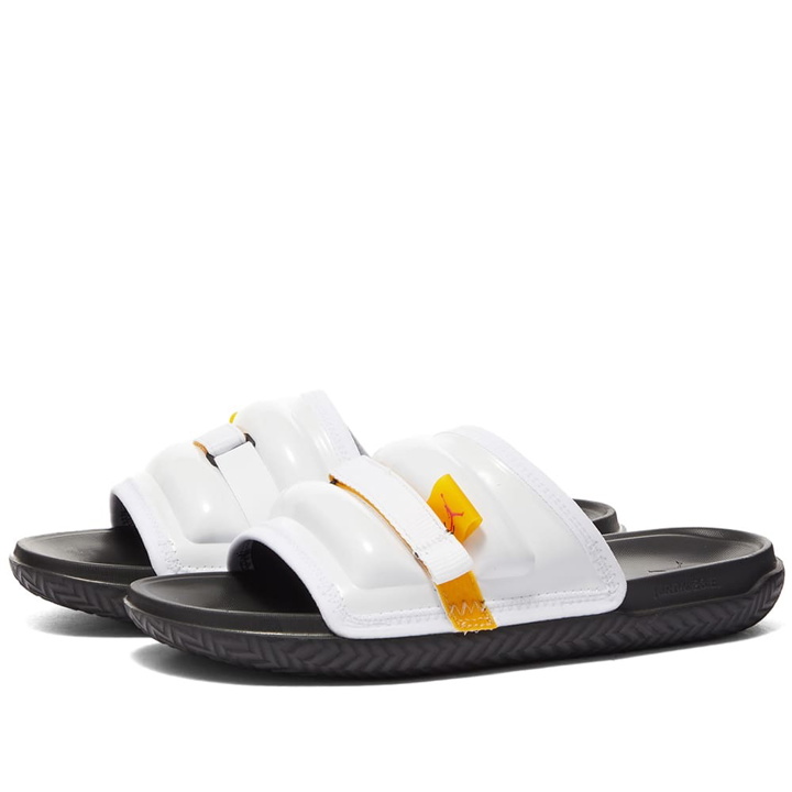 Photo: Air Jordan Men's Super Play Slide Sneakers in White/Taxi Black/Fire Red