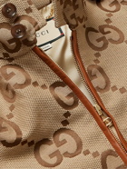 GUCCI - Logo-Jacquard Leather-Trimmed Cotton-Blend Canvas Bomber Jacket - Brown