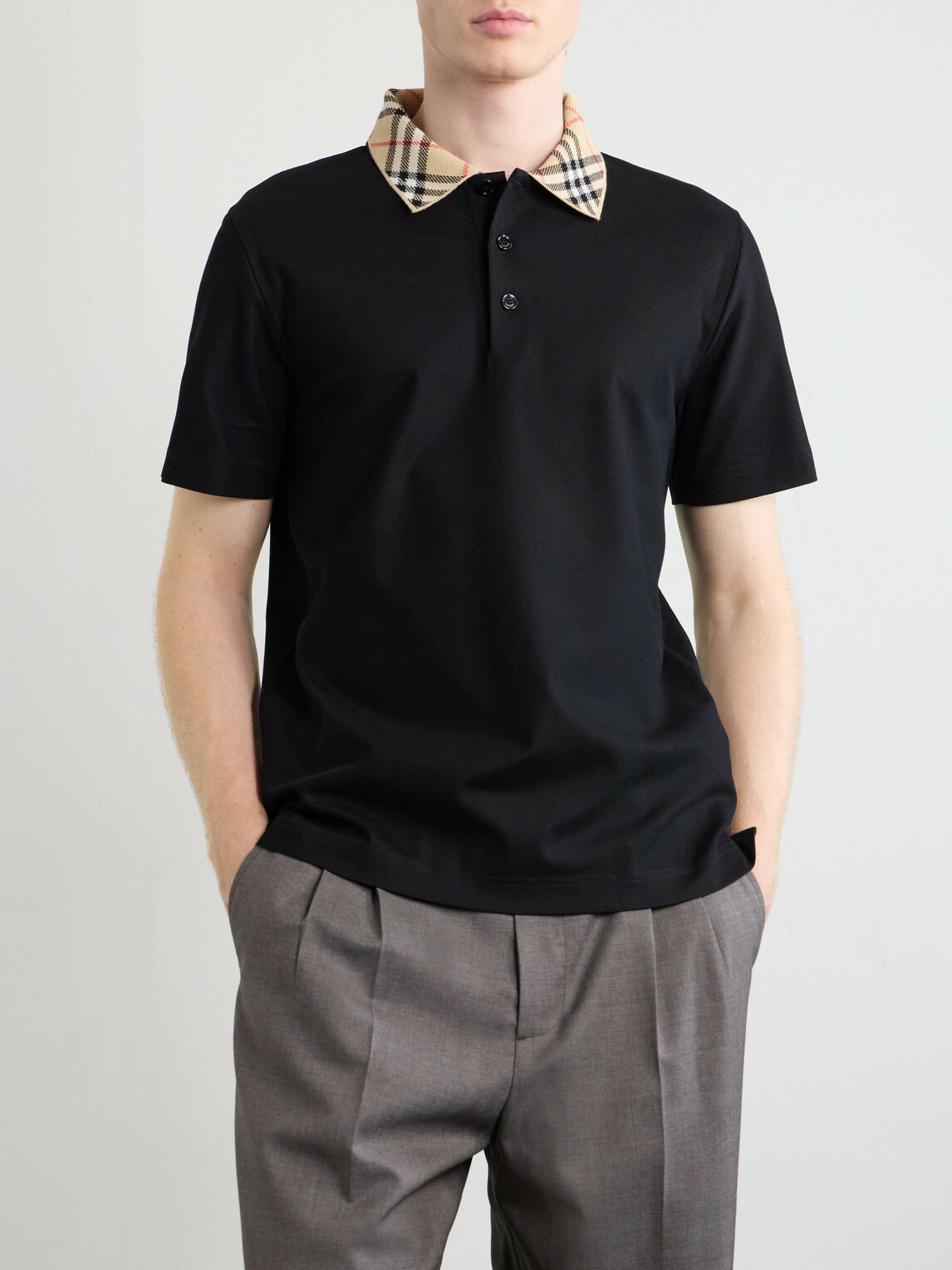 Burberry - Checked Cotton-Piqué Polo Shirt - Black