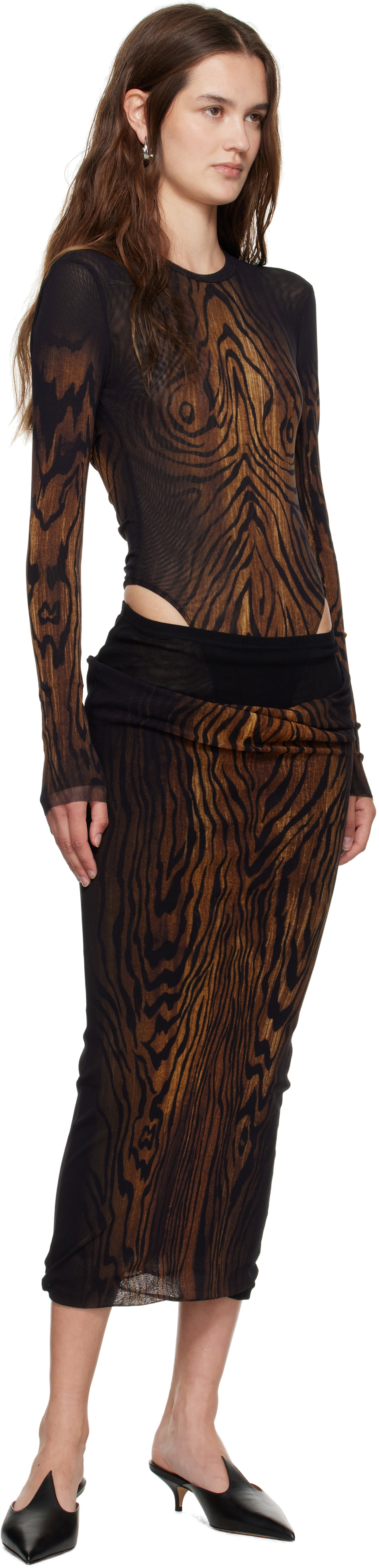 Jean Paul Gaultier Black Mesh Double Layer Printed Wood Bodysuit