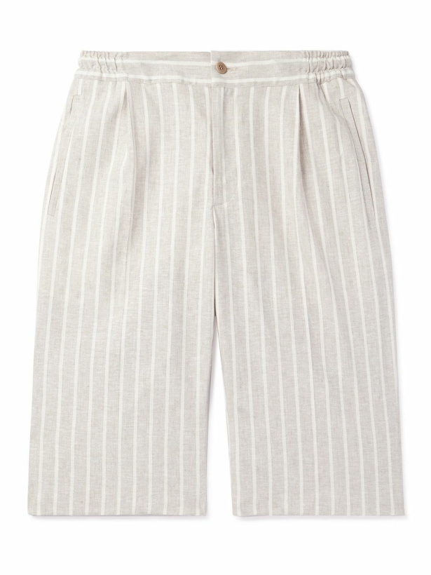 Photo: Kiton - Straight-Leg Pleated Striped Linen-Blend Shorts - Neutrals