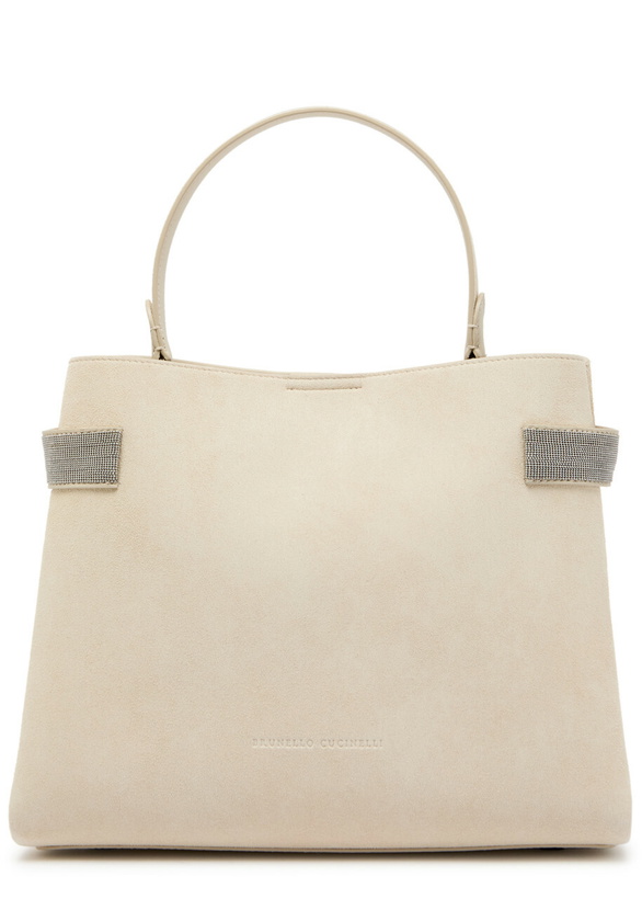 Photo: Brunello Cucinelli Stud-embellished Suede top Handle bag - Ivory - One Size