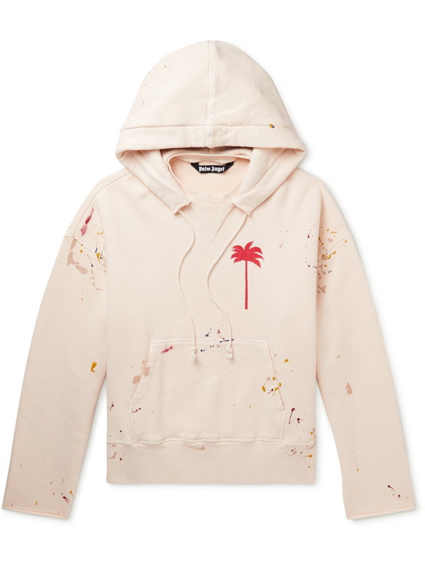 Photo: Palm Angels - Oversized Logo-Print Paint-Splattered Cotton-Jersey Hoodie - Neutrals