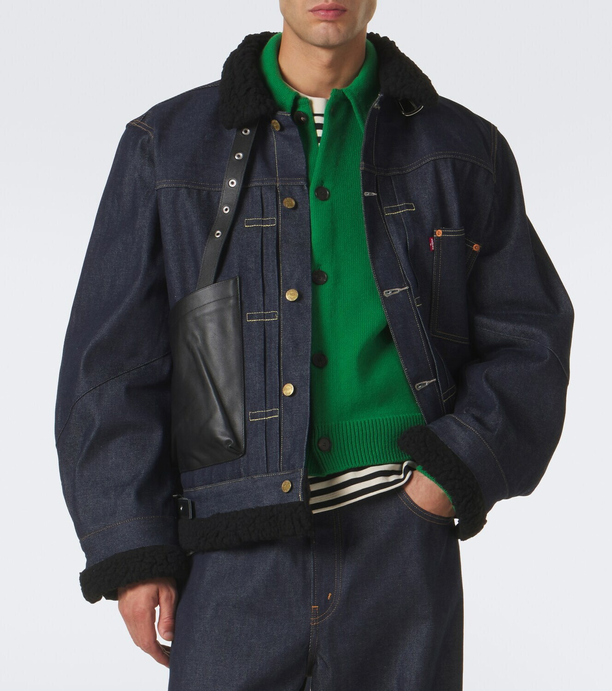 Sacai Leather-trimmed denim jacket
