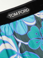 TOM FORD - Floral-Print Velvet-Trimmed Stretch-Silk Satin Boxer Shorts - Blue