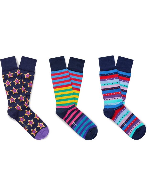 Photo: Paul Smith - Three-Pack Intarsia and Striped Cotton-Blend Socks