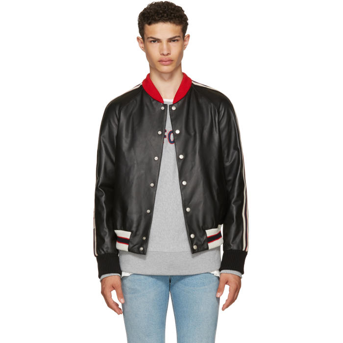 Black GG-embossed leather bomber jacket, Gucci