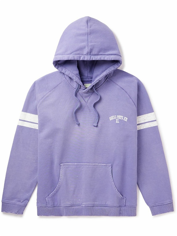 Photo: Guess USA - Distressed Printed Cotton-Jersey Hoodie - Purple