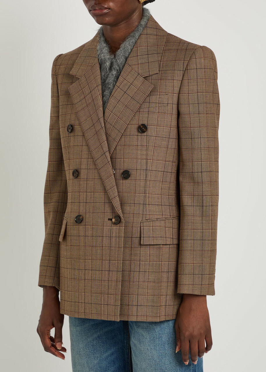 Chloe Checked Double-breasted Wool Blazer Brown