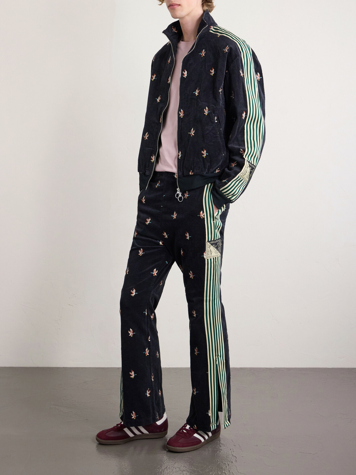 KAPITAL - Cropped Flared Webbing-Trimmed Embroidered Cotton-Blend Corduroy Sweatpants - Black