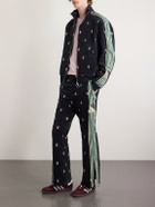 KAPITAL - Cropped Flared Webbing-Trimmed Embroidered Cotton-Blend Corduroy Sweatpants - Black