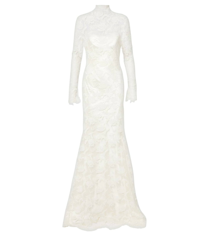 Photo: Danielle Frankel Bridal Adena floral lace-trimmed wool and silk gown