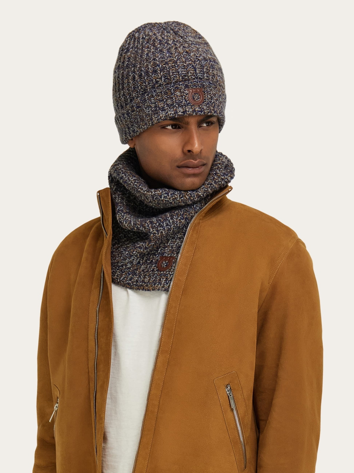 Ferragamo Mens Mouliné Beanie in Blue