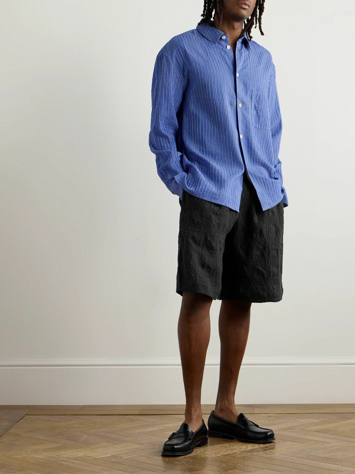 A Kind Of Guise - Saleh Wide-Leg Checked Linen and Lyocell-Blend Seersucker Shorts - Black