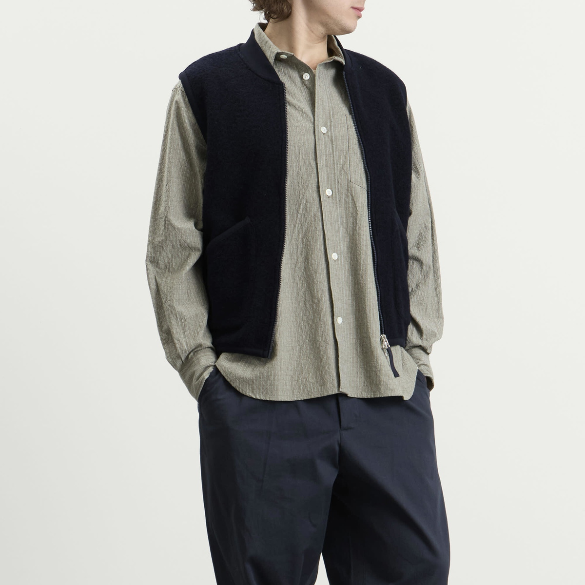 Universal Works Men's Wool Fleece Zip Waistcoat in Navy