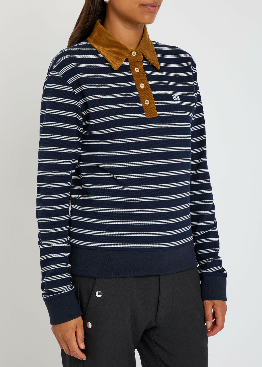 Wales Bonner Reflect Striped Piqué Cotton Polo Shirt Navy