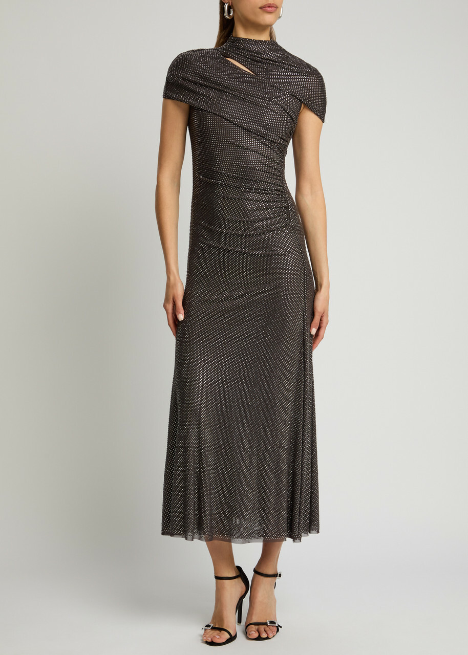 Self-portrait Crystal-embellished Stretch-tulle Maxi Dress Grey