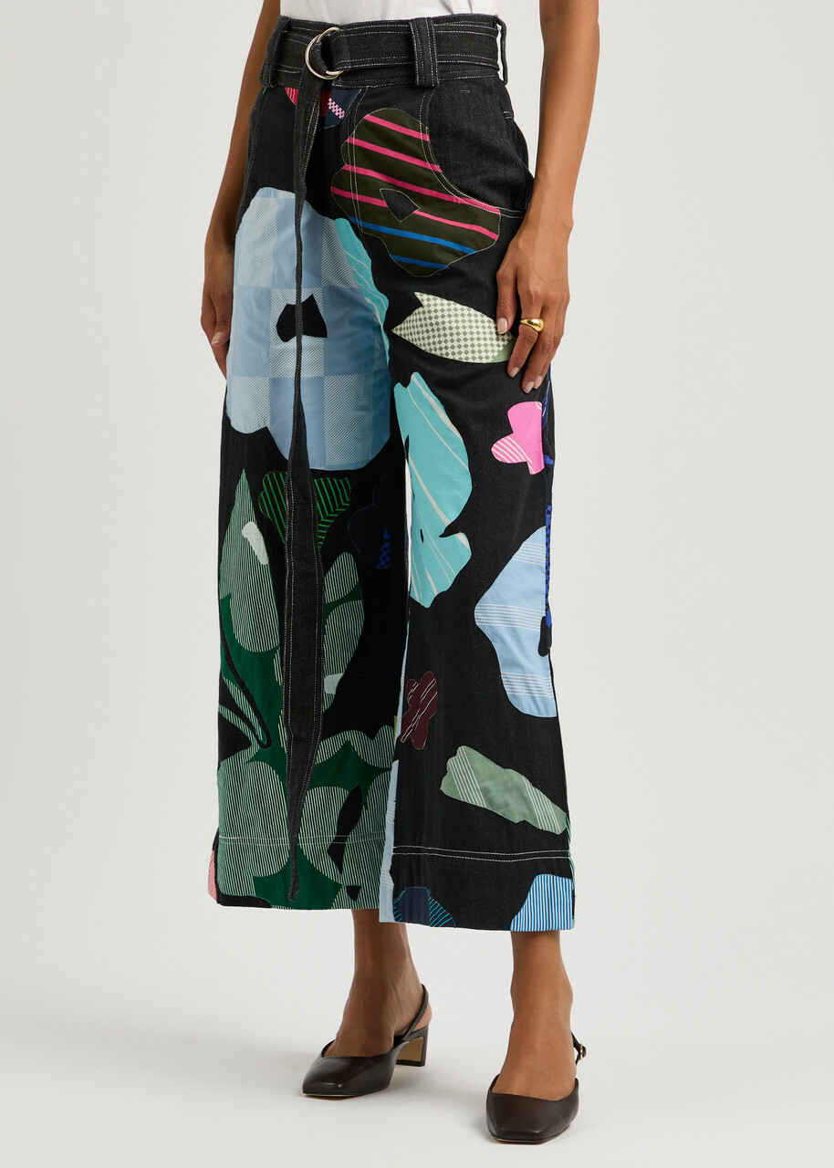 Lovebirds Printed and Appliquéd Chambray Trousers Black