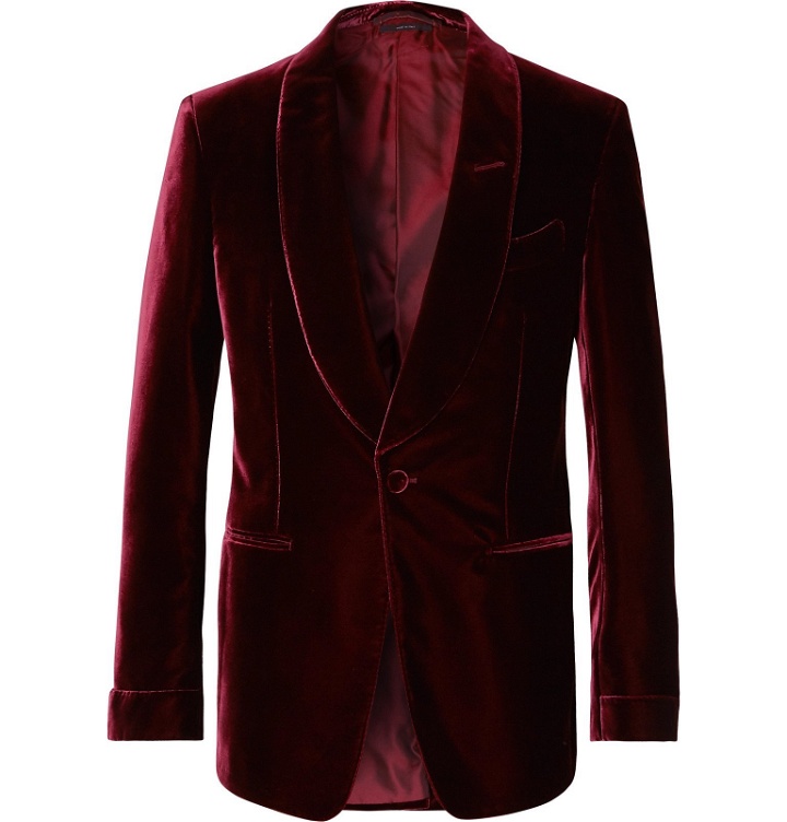 Photo: TOM FORD - Burgundy Shelton Slim-Fit Shawl-Collar Velvet Tuxedo Jacket - Burgundy