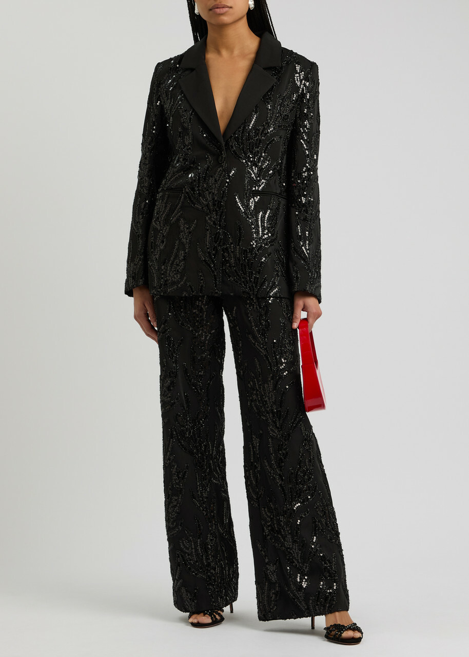 Stine Goya Sequin-embellished Wide-leg Twill Trousers Black