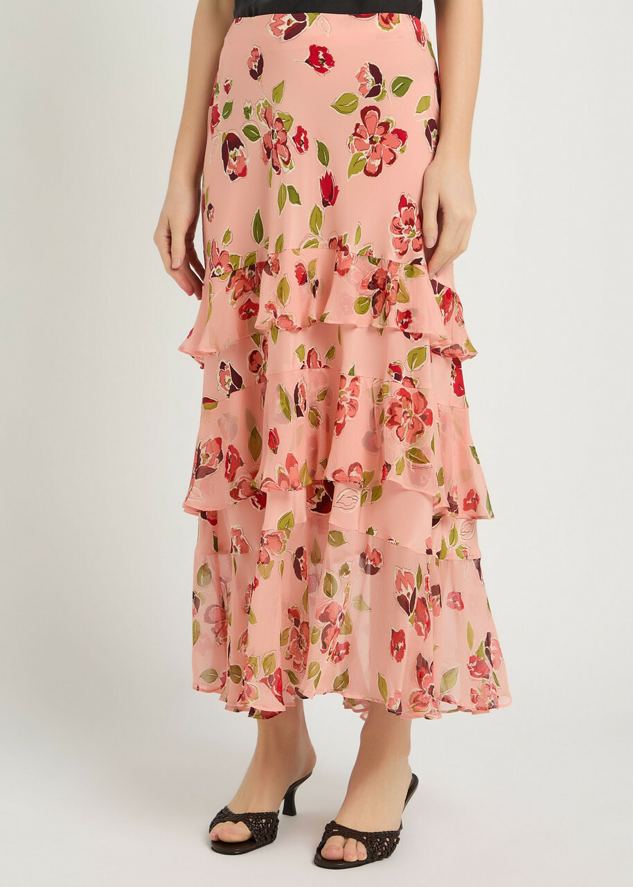 Rixo Preslee Floral Ruffled Silk-chiffon Midi Skirt Pink