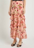 Rixo Preslee Floral Ruffled Silk-chiffon Midi Skirt Pink