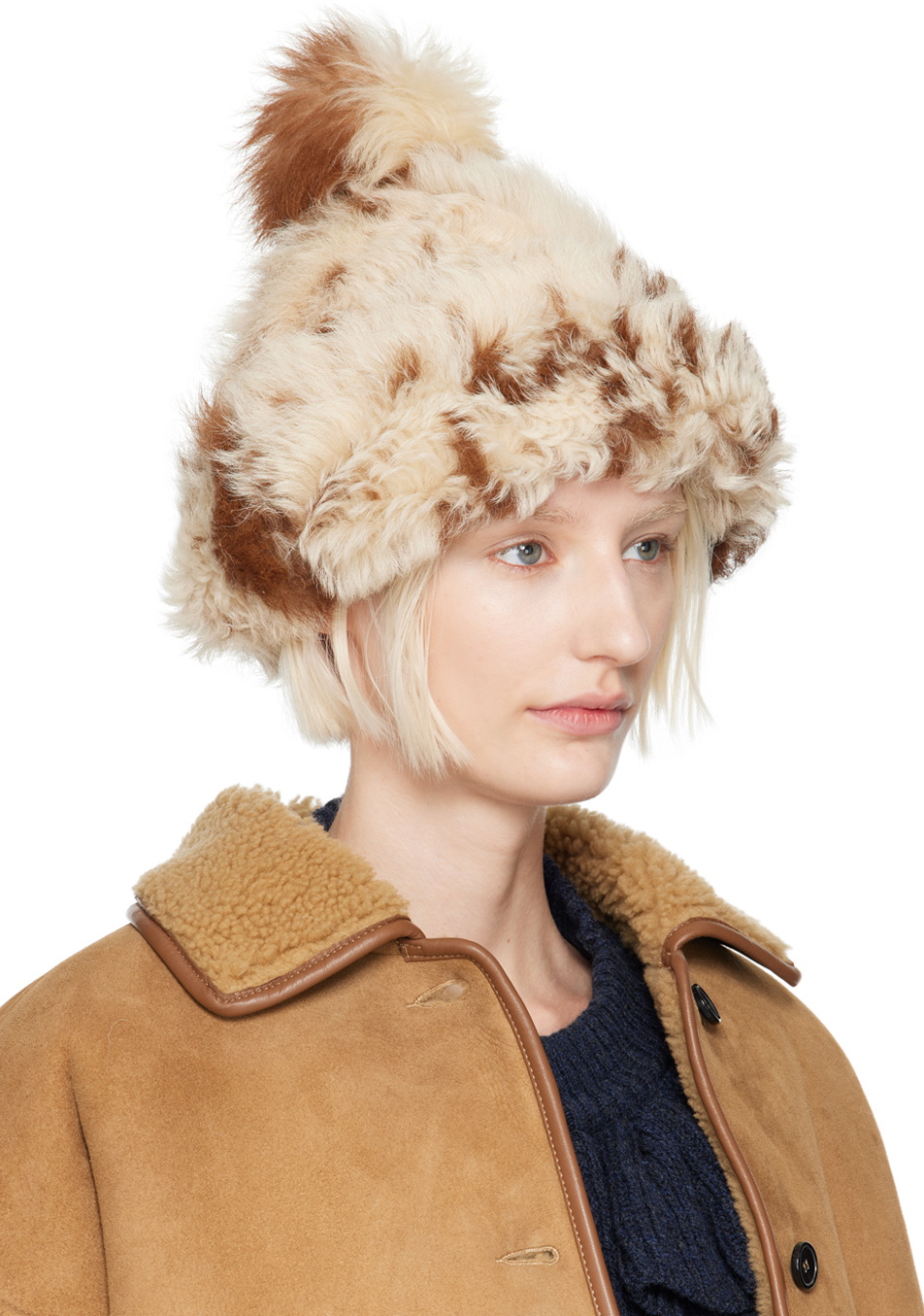 Cawley Off-White & Brown Bobble Shearling Beanie